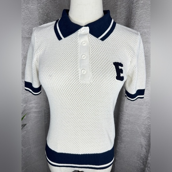 NWT Zara Women’s Combo Crochet Letter Polo Shirt in Cream & Navy Sz M - Picture 4 of 14